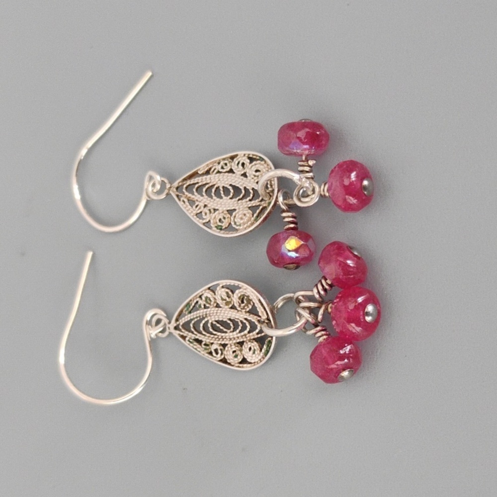 Sterling Silver Filigree Ruby Color Earrings